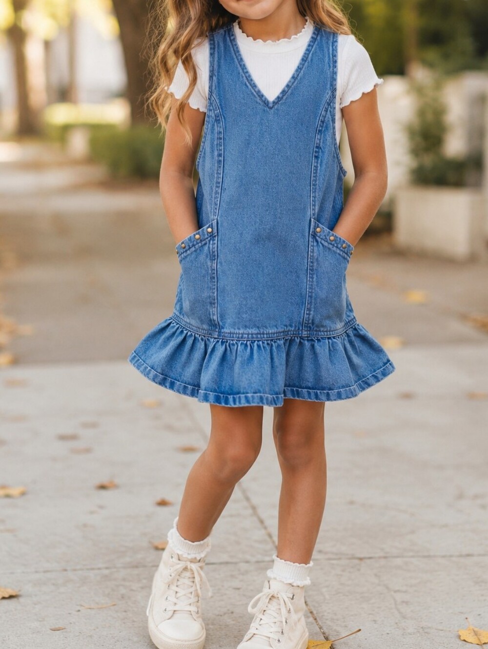Cupcakes & Cashmere Girls Blue Denim Ruffle Hem Jumper Dress Pinafore